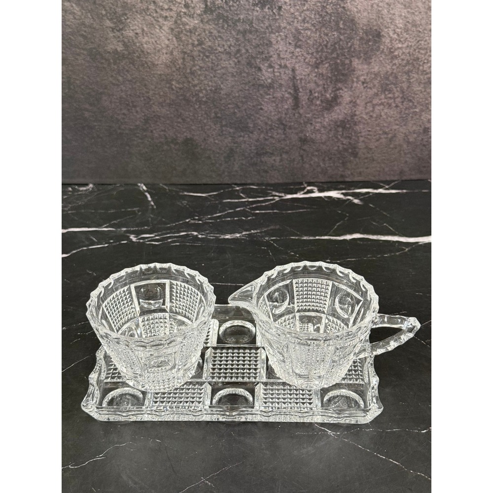 Vintage FB Rogers Cut Crystal Creamer, Open Sugar Bowl and Tray Set MINT!